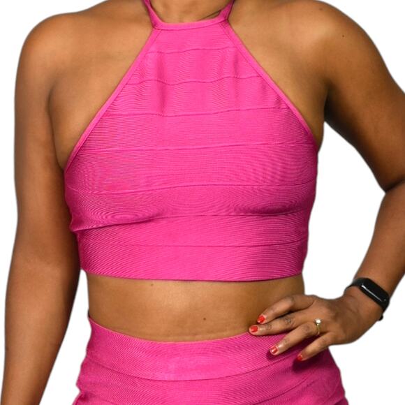Forever 21 Herve Leger Bandage Skirt Set Pink Matching CoOrd Crop Halter Medium - Picture 4 of 14